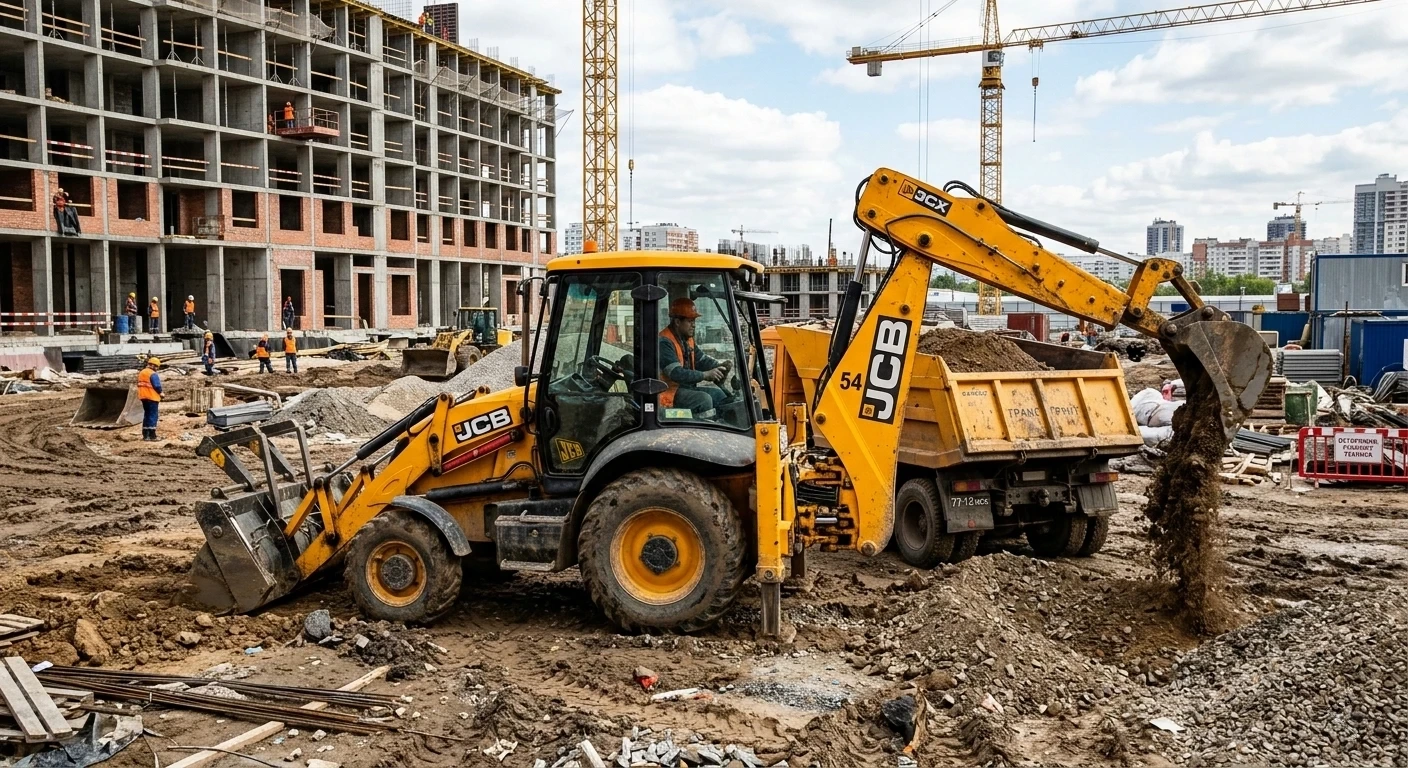 Экскаватор-погрузчик на строительной площадке