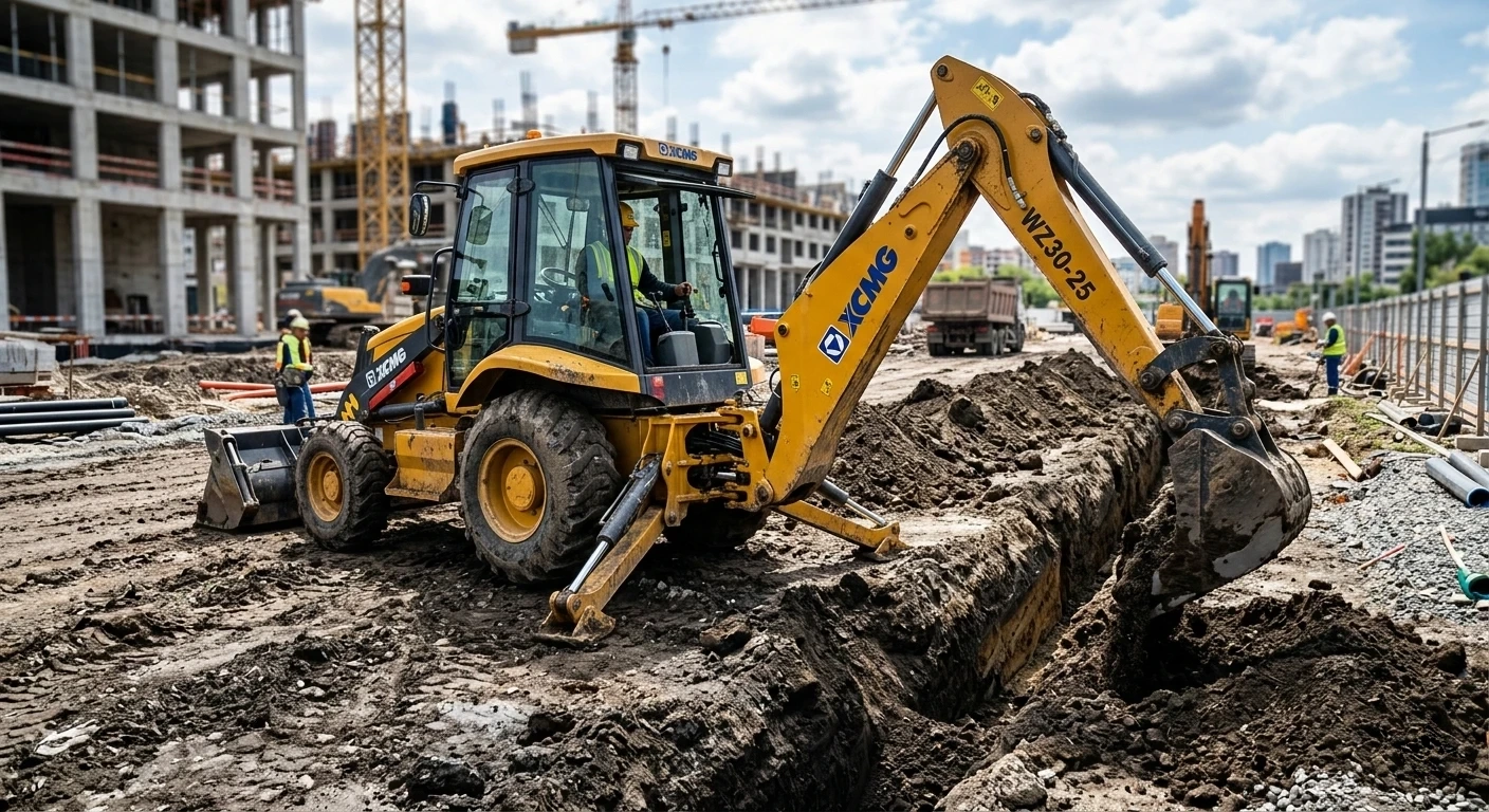 Экскаватор-погрузчик копает траншею