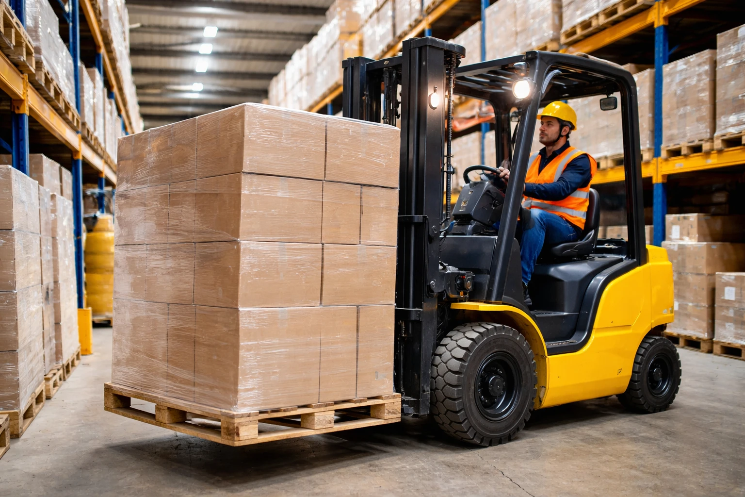 Вилочный погрузчик работает на складе